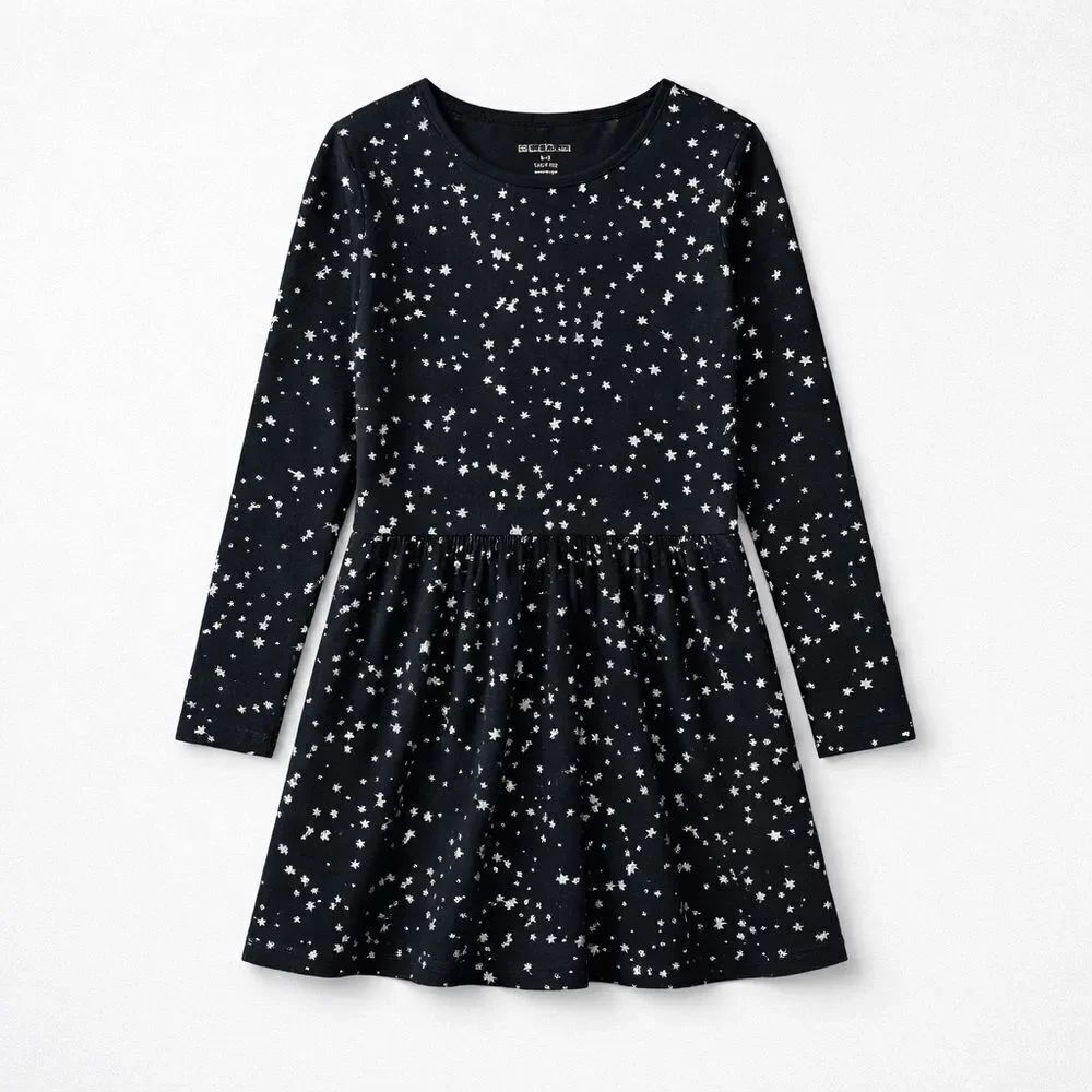 BCBG Girls Black Long sleeve dress with silver metallic stars EUC size 8/10